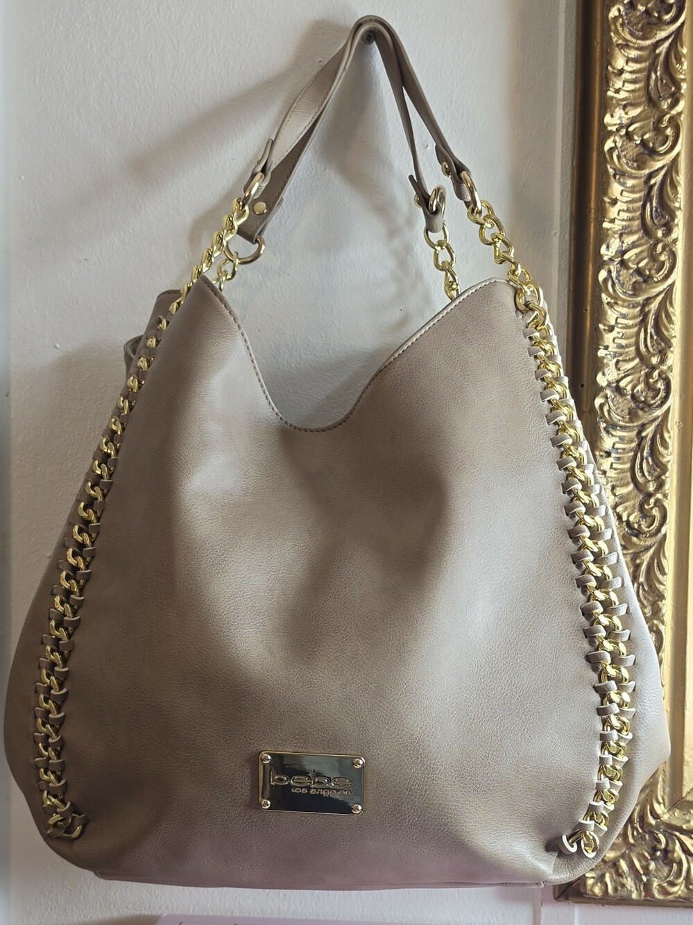 Bebe Taupe Chain-Trim Hobo Bag